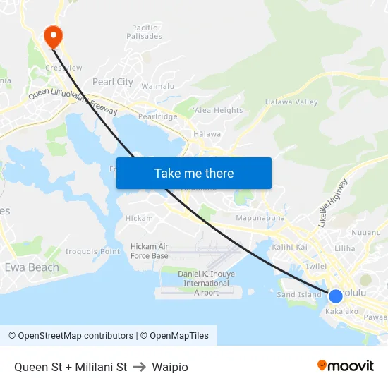 Queen St + Mililani St to Waipio map