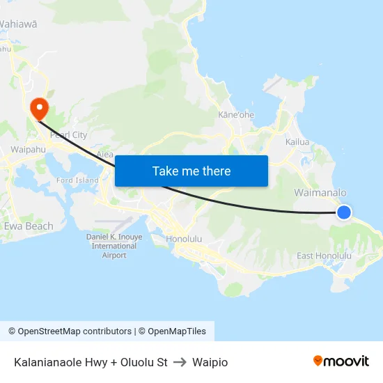 Kalanianaole Hwy + Oluolu St to Waipio map