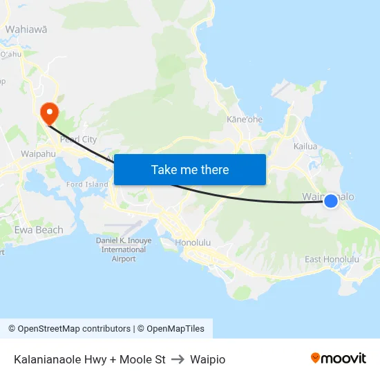 Kalanianaole Hwy + Moole St to Waipio map
