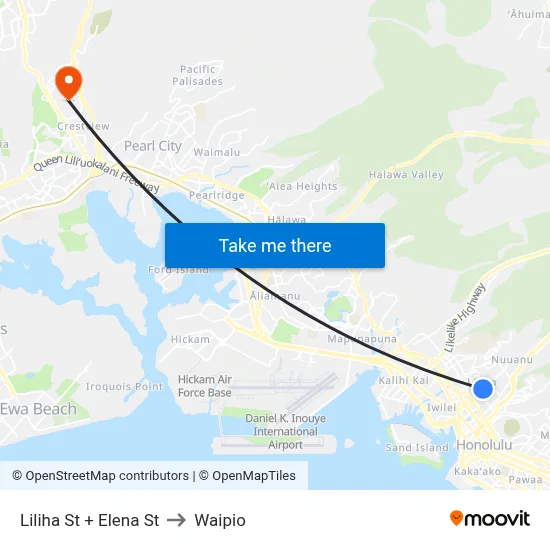 Liliha St + Elena St to Waipio map
