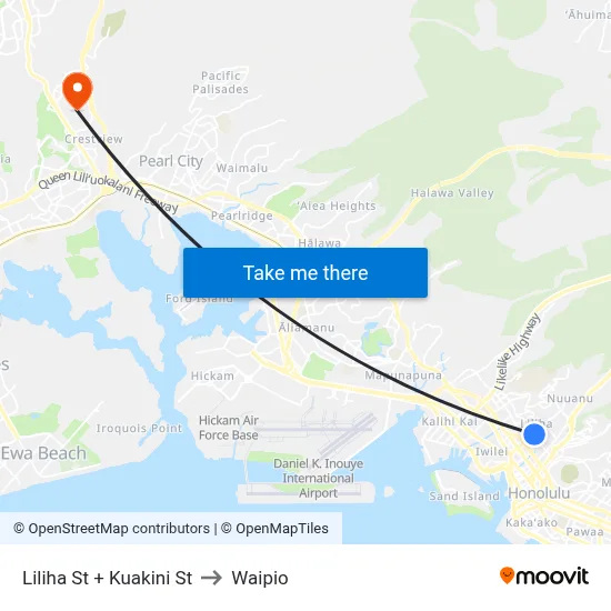 Liliha St + Kuakini St to Waipio map