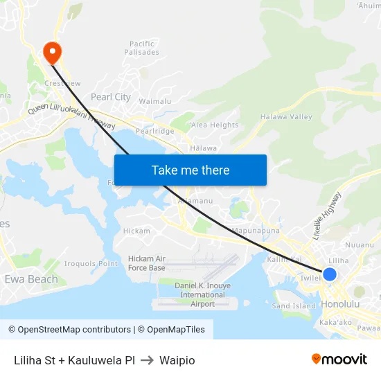 Liliha St + Kauluwela Pl to Waipio map