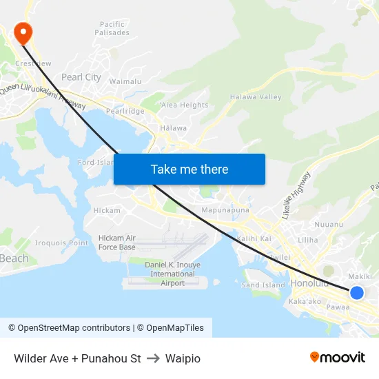 Wilder Ave + Punahou St to Waipio map