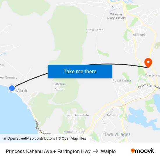 Princess Kahanu Ave + Farrington Hwy to Waipio map