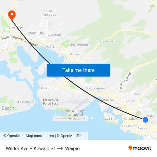 Wilder Ave + Kewalo St to Waipio map