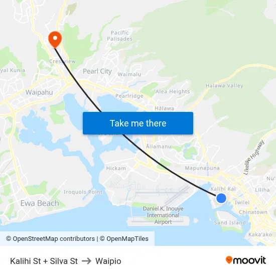 Kalihi St + Silva St to Waipio map
