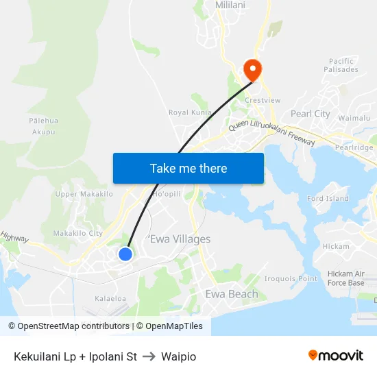 Kekuilani Lp + Ipolani St to Waipio map