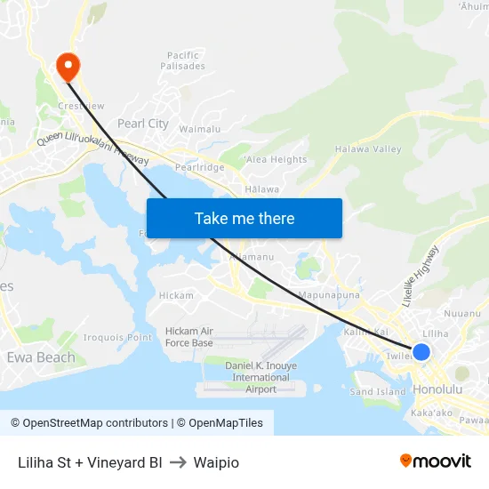 Liliha St + Vineyard Bl to Waipio map