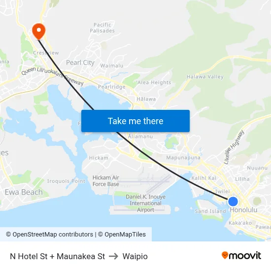 N Hotel St + Maunakea St to Waipio map