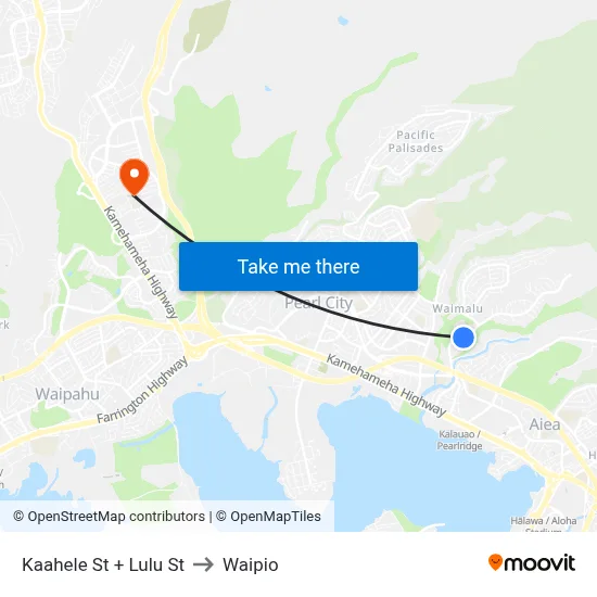 Kaahele St + Lulu St to Waipio map