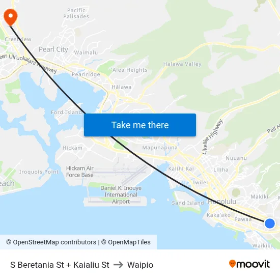S Beretania St + Kaialiu St to Waipio map
