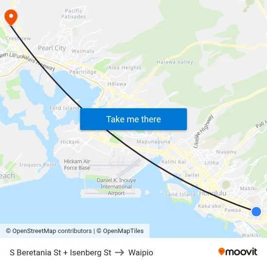 S Beretania St + Isenberg St to Waipio map