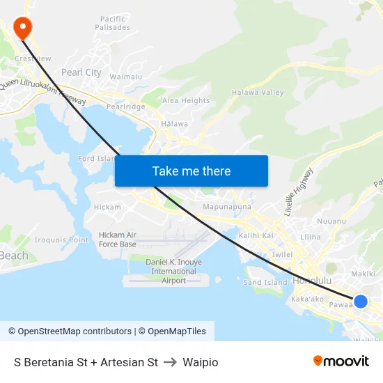 S Beretania St + Artesian St to Waipio map