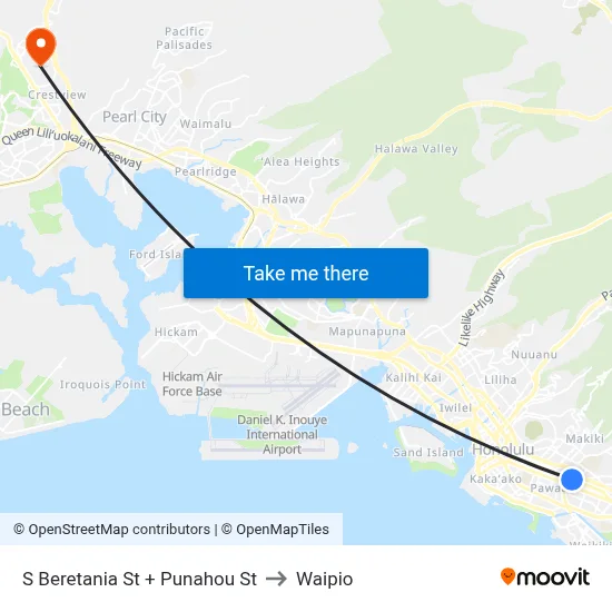 S Beretania St + Punahou St to Waipio map