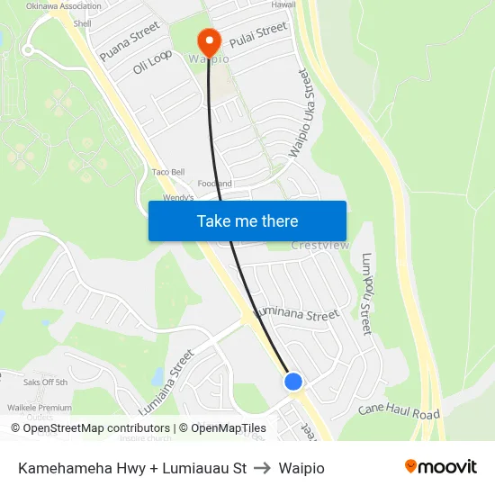 Kamehameha Hwy + Lumiauau St to Waipio map