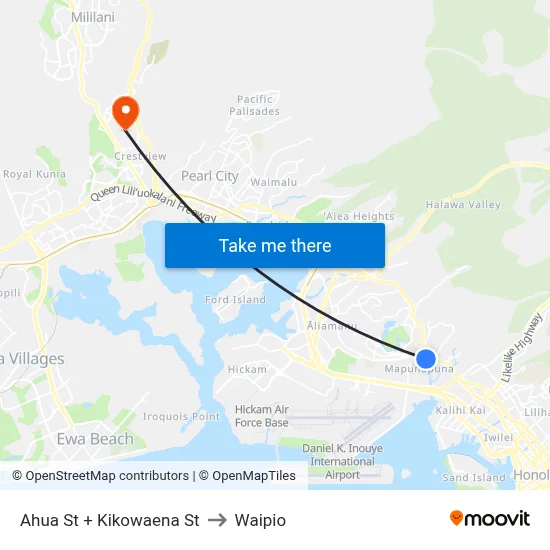 Ahua St + Kikowaena St to Waipio map