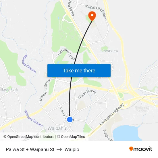Paiwa St + Waipahu St to Waipio map
