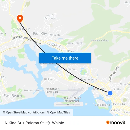 N King St + Palama St to Waipio map