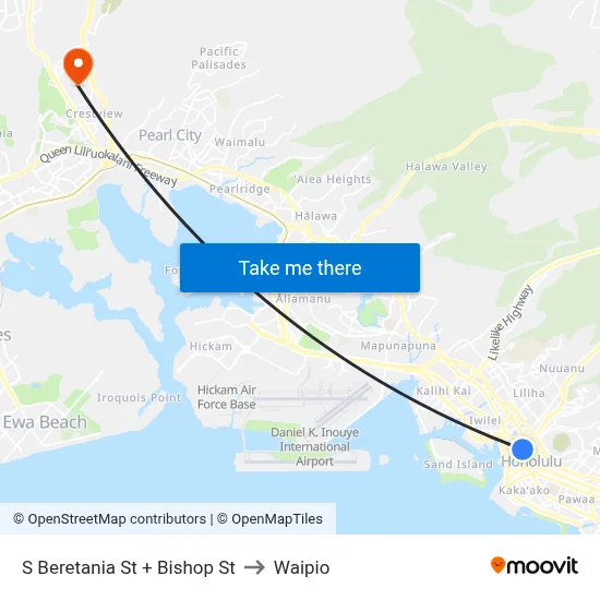 S Beretania St + Bishop St to Waipio map