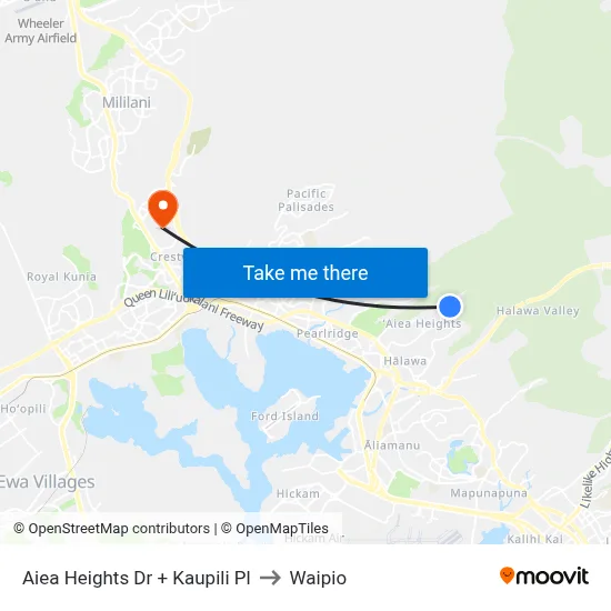 Aiea Heights Dr + Kaupili Pl to Waipio map