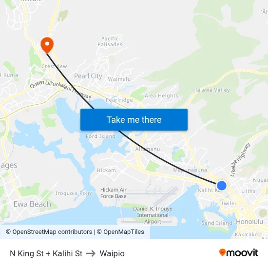 N King St + Kalihi St to Waipio map