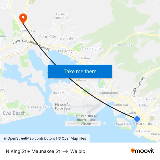 N King St + Maunakea St to Waipio map