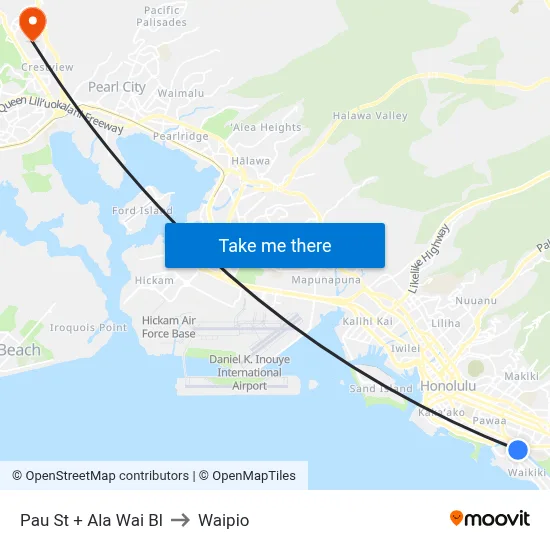 Pau St + Ala Wai Bl to Waipio map