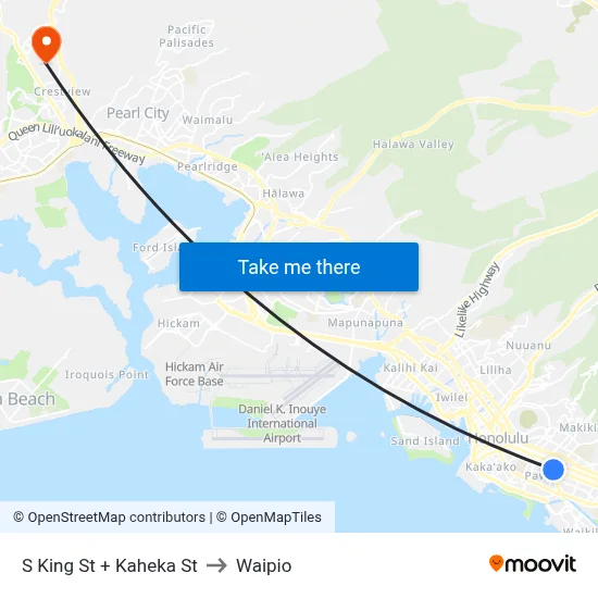 S King St + Kaheka St to Waipio map