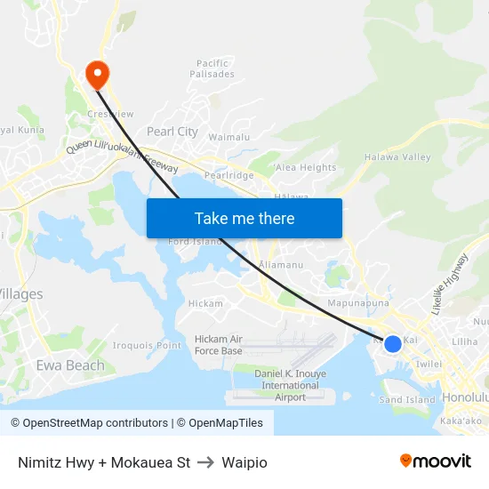 Nimitz Hwy + Mokauea St to Waipio map