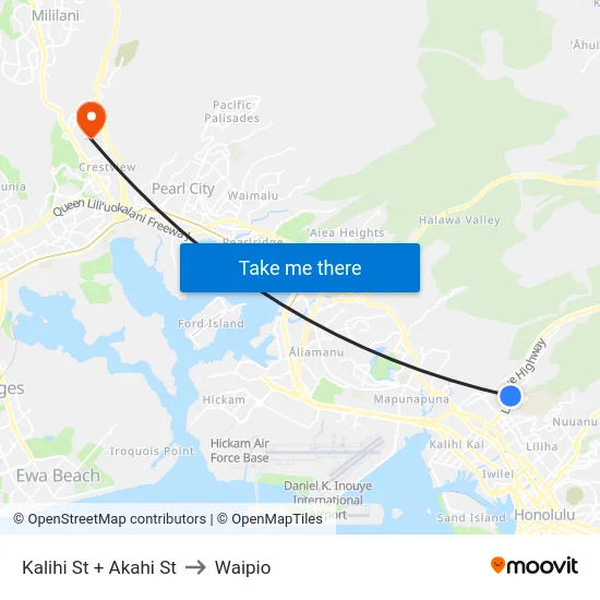 Kalihi St + Akahi St to Waipio map