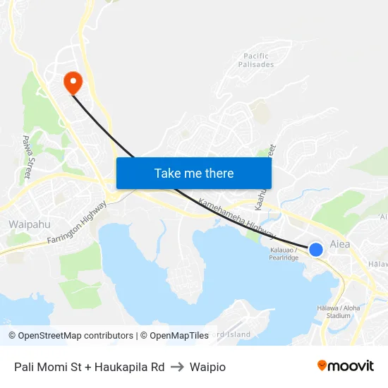Pali Momi St + Haukapila Rd to Waipio map
