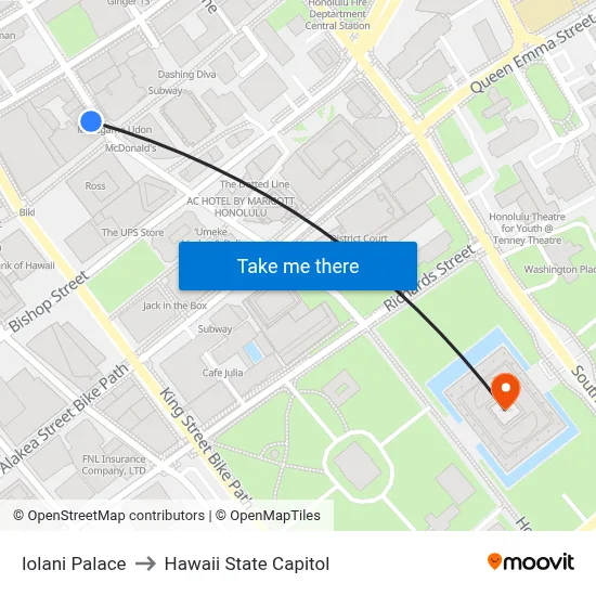 Iolani Palace to Hawaii State Capitol map