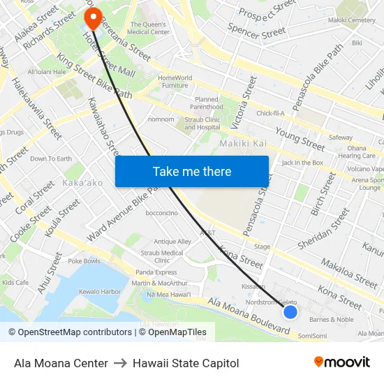 Ala Moana Center to Hawaii State Capitol map
