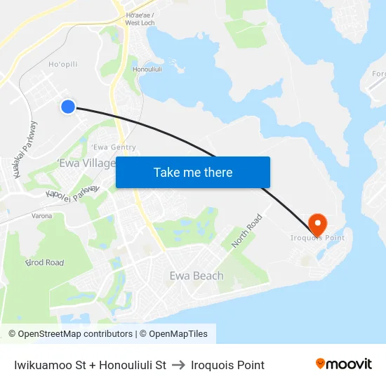 Iwikuamoo St + Honouliuli St to Iroquois Point map