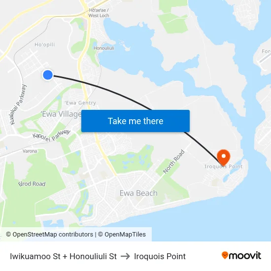 Iwikuamoo St + Honouliuli St to Iroquois Point map