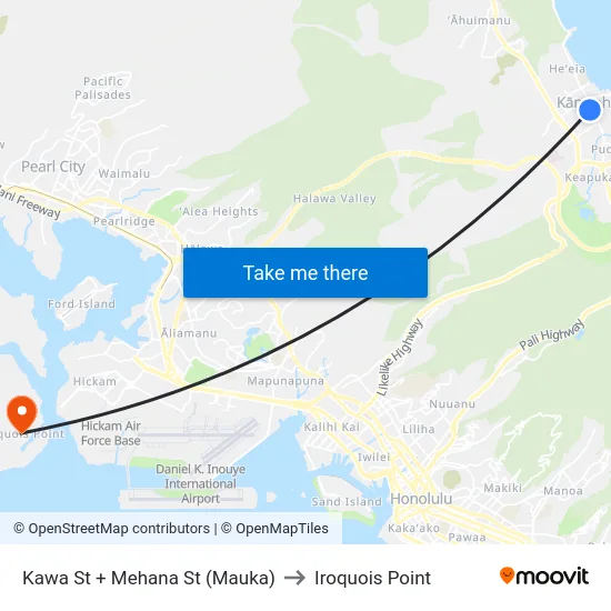 Kawa St + Mehana St (Mauka) to Iroquois Point map