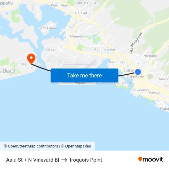 Aala St + N Vineyard Bl to Iroquois Point map