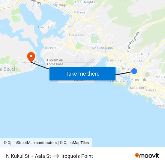 N Kukui St + Aala St to Iroquois Point map