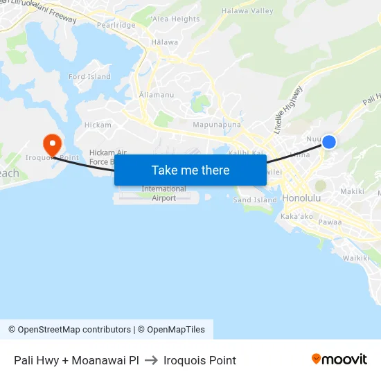 Pali Hwy + Moanawai Pl to Iroquois Point map