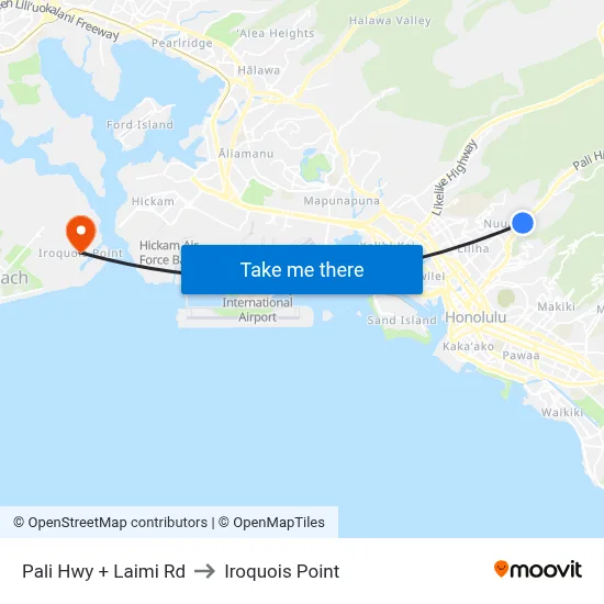 Pali Hwy + Laimi Rd to Iroquois Point map