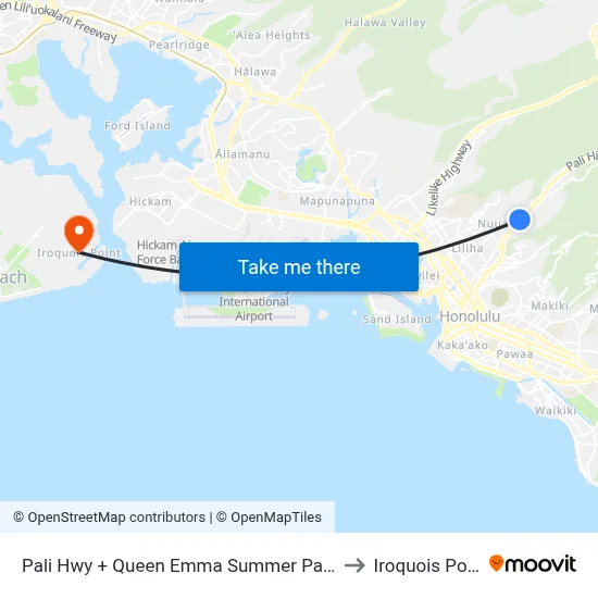 Pali Hwy + Queen Emma Summer Palace to Iroquois Point map