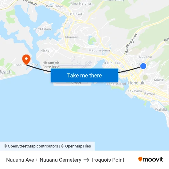 Nuuanu Ave + Nuuanu Cemetery to Iroquois Point map