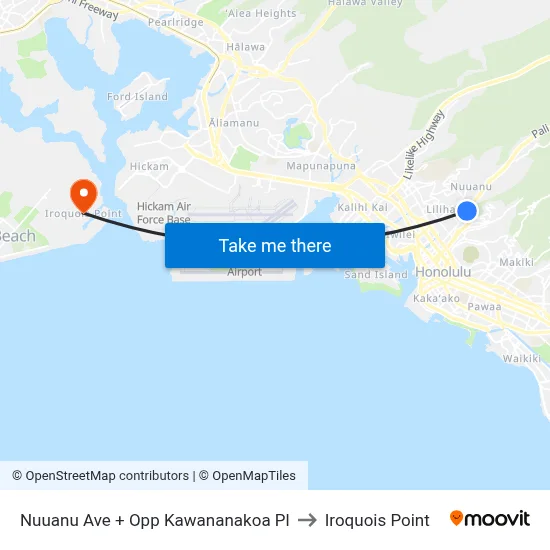 Nuuanu Ave + Opp Kawananakoa Pl to Iroquois Point map