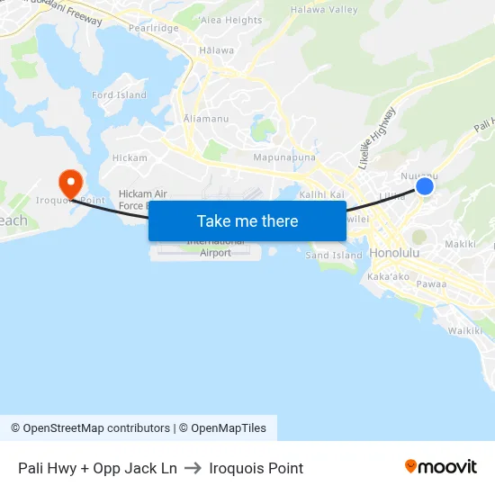 Pali Hwy + Opp Jack Ln to Iroquois Point map