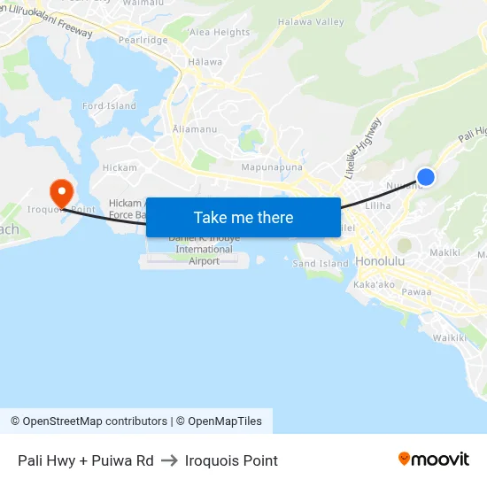 Pali Hwy + Puiwa Rd to Iroquois Point map