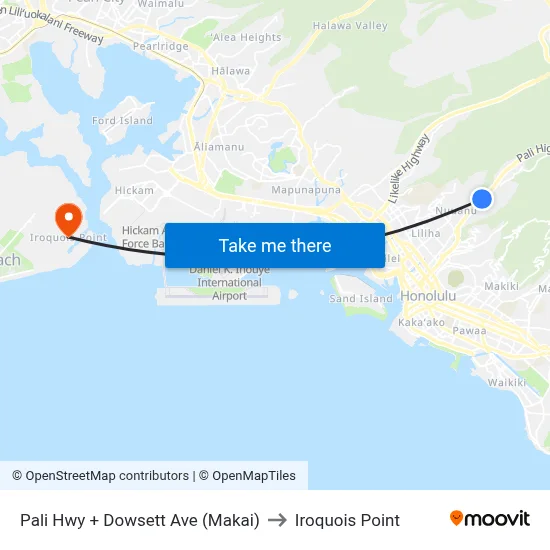 Pali Hwy + Dowsett Ave (Makai) to Iroquois Point map