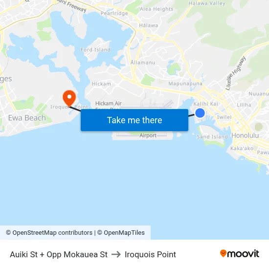 Auiki St + Opp Mokauea St to Iroquois Point map