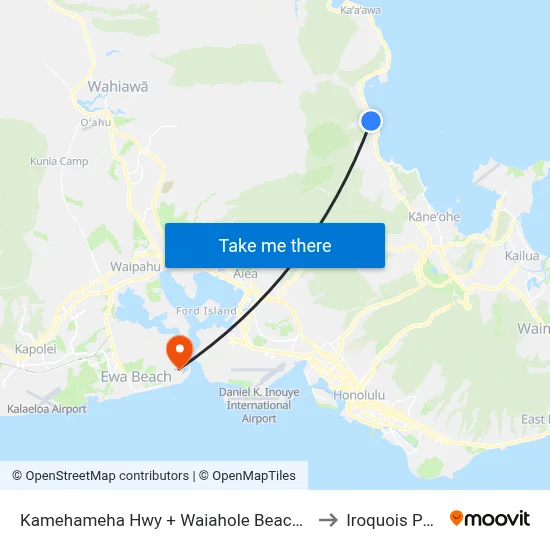 Kamehameha Hwy + Waiahole Beach Park to Iroquois Point map