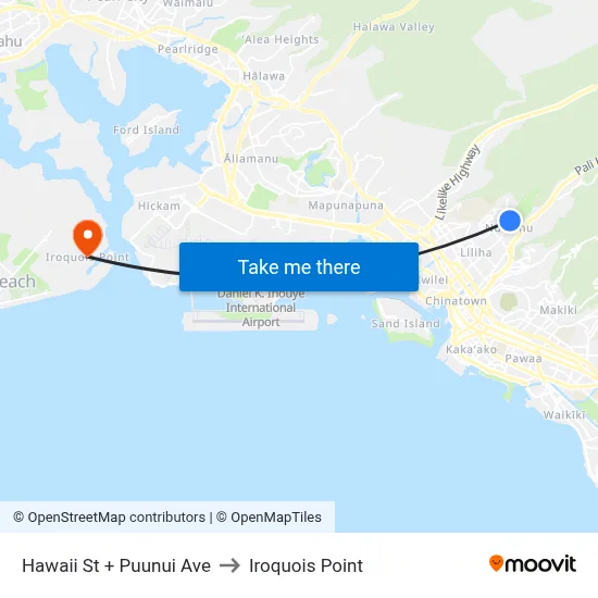 Hawaii St + Puunui Ave to Iroquois Point map