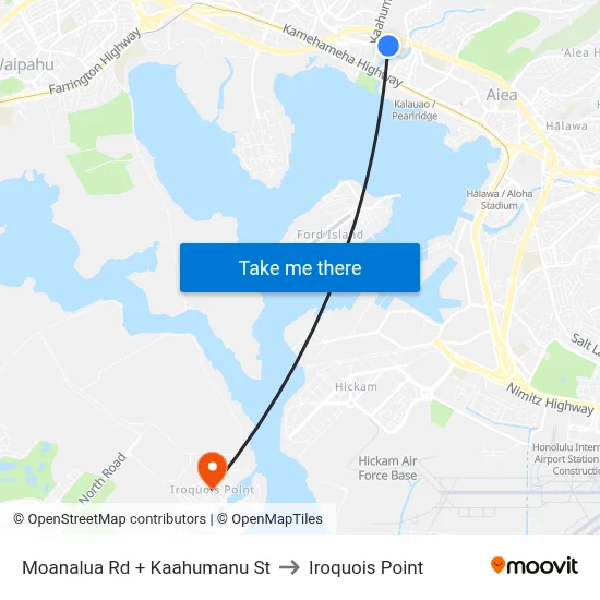 Moanalua Rd + Kaahumanu St to Iroquois Point map